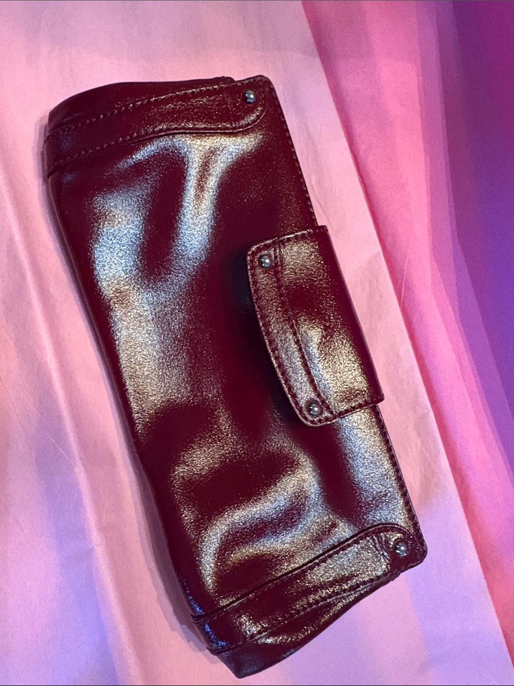 Cole Haan Burgundy Patent Leather kiss Lock fold over tab Clutch Wristlet